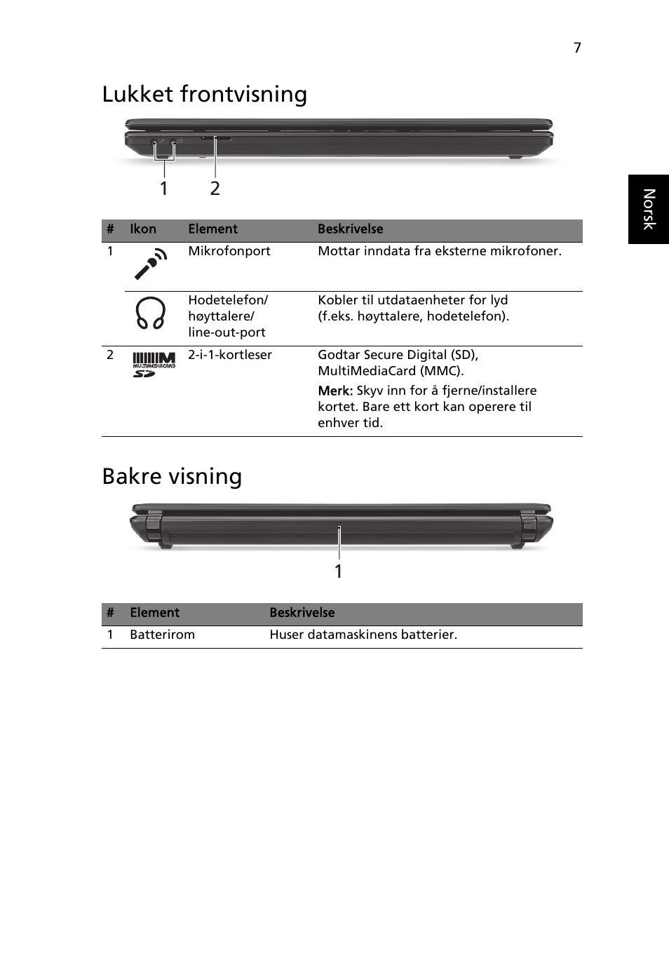 Lukket frontvisning, Bakre visning, Lukket frontvisning bakre visning | Acer Aspire 4552G User Manual | Page 81 / 314