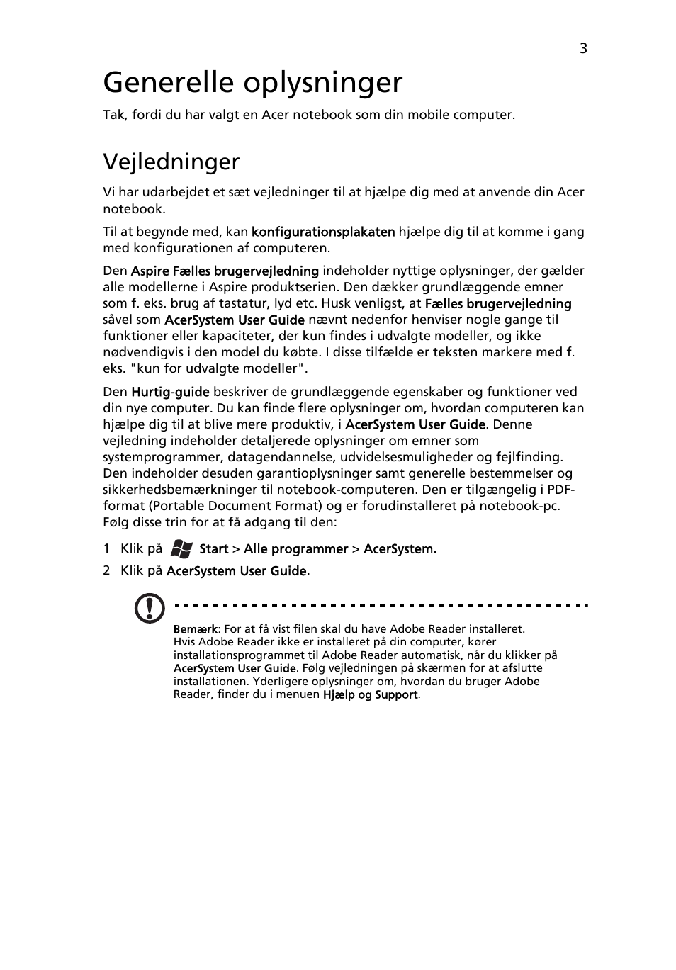 Generelle oplysninger, Vejledninger | Acer Aspire 4552G User Manual | Page 87 / 314