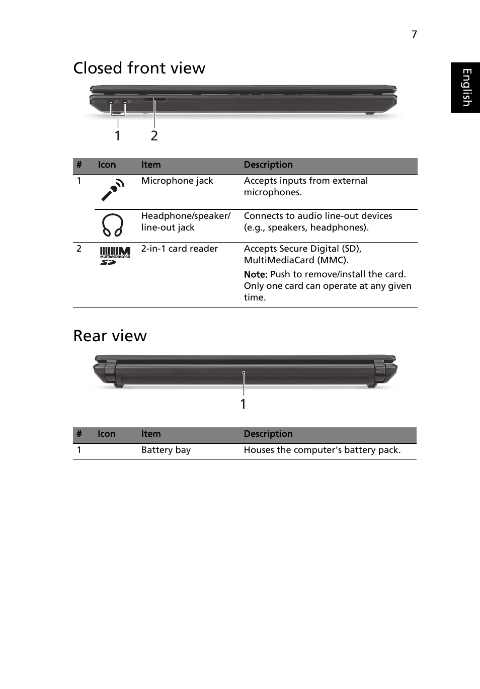 Closed front view, Rear view | Acer Aspire 4552G User Manual | Page 9 / 314