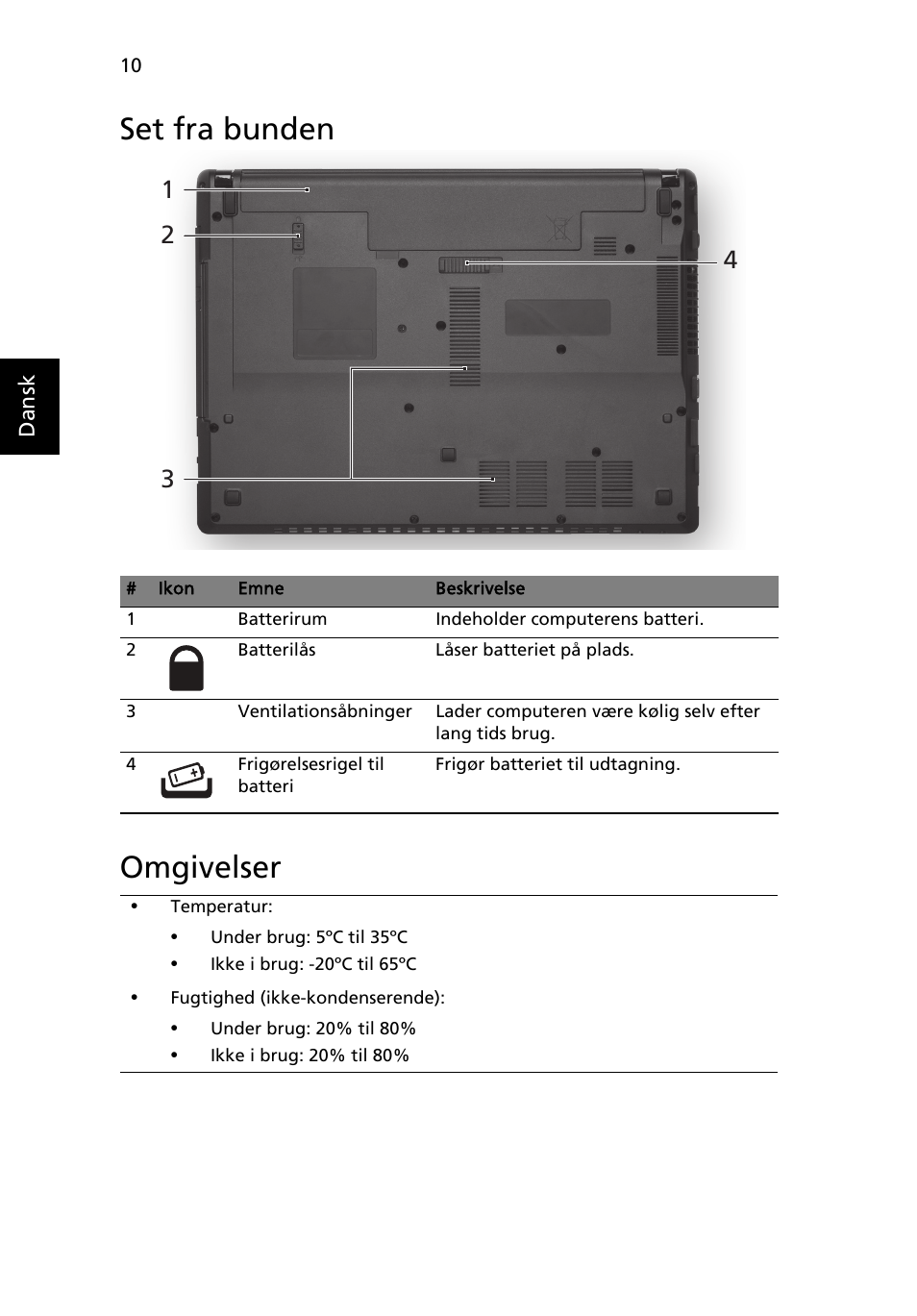 Set fra bunden, Omgivelser, Set fra bunden omgivelser | Acer Aspire 4552G User Manual | Page 94 / 314