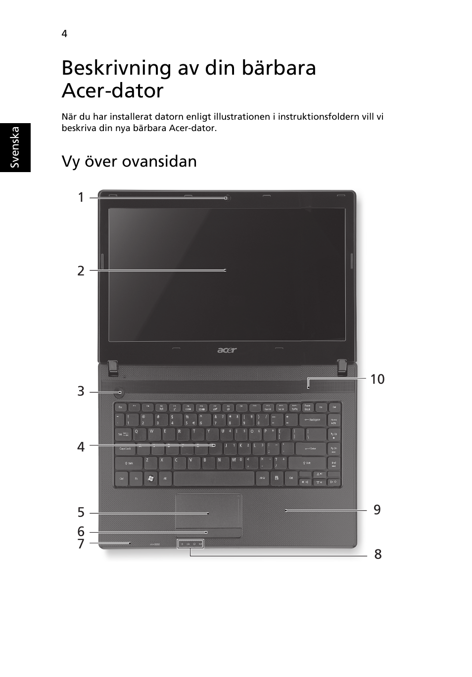 Beskrivning av din bärbara acer-dator, Vy över ovansidan | Acer Aspire 4552G User Manual | Page 98 / 314