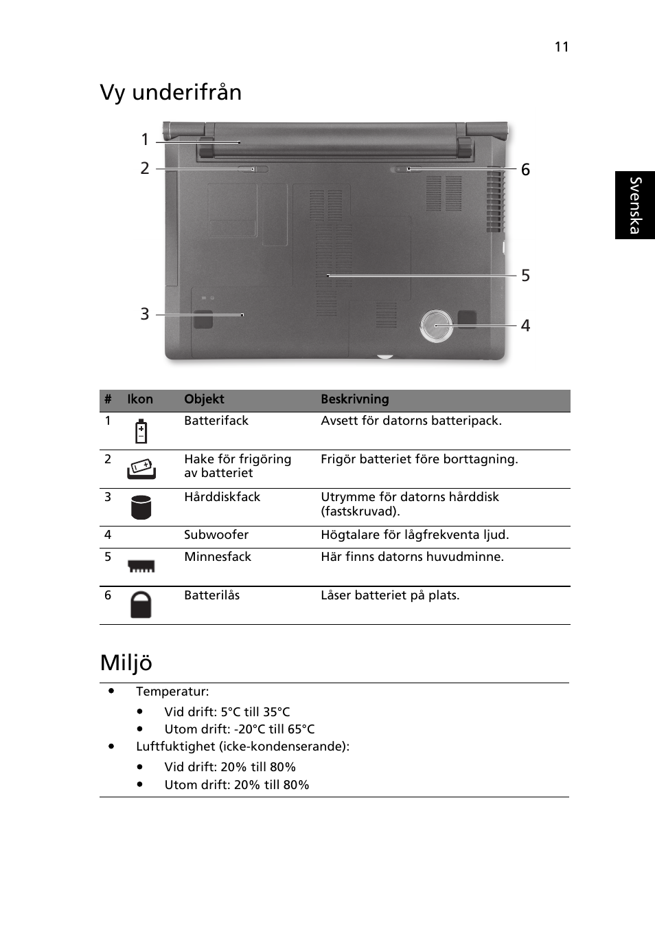 Vy underifrån, Miljö, Vy underifrån miljö | Acer Aspire 5943G User Manual | Page 123 / 364