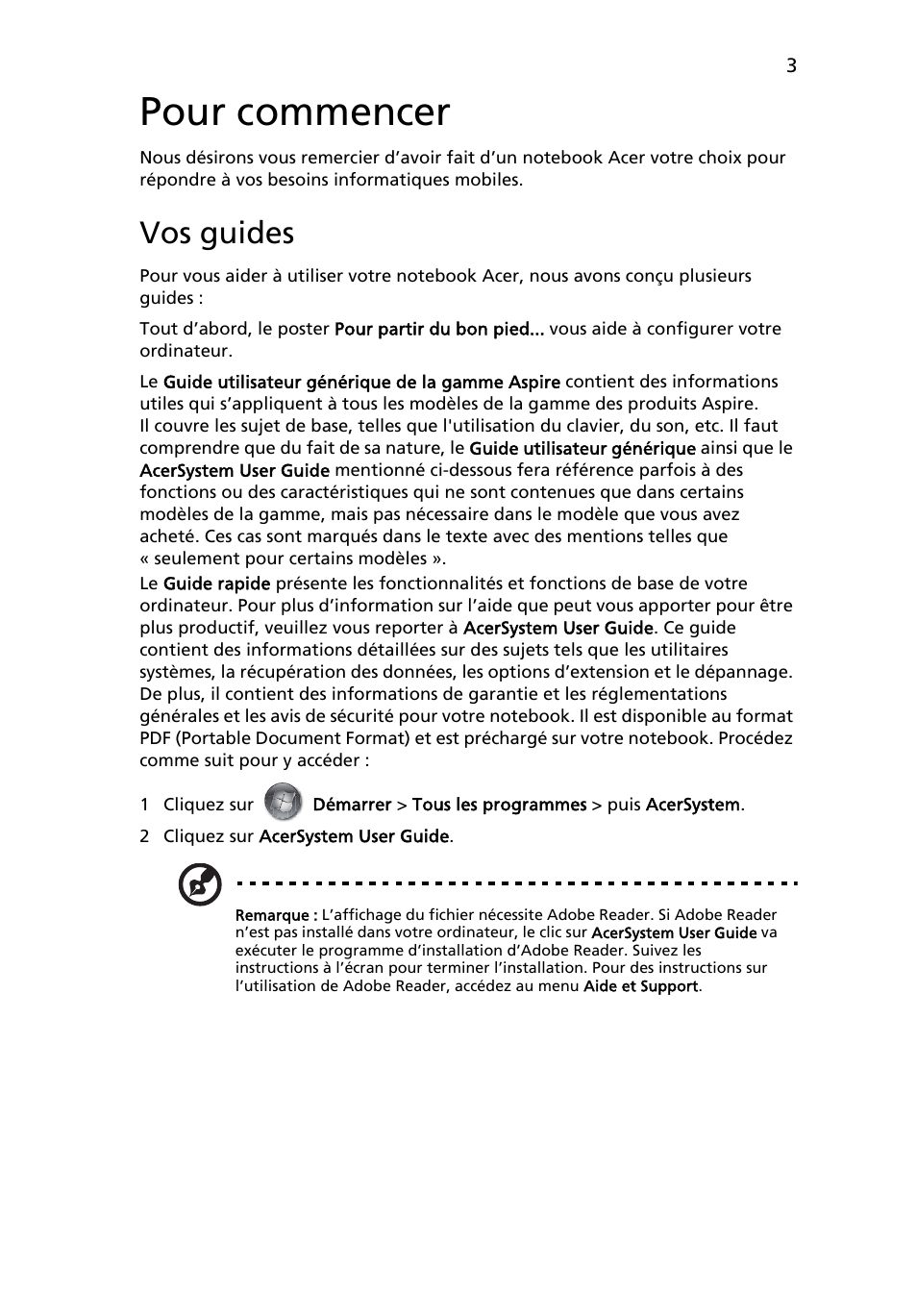 Pour commencer, Vos guides | Acer Aspire 5943G User Manual | Page 17 / 364