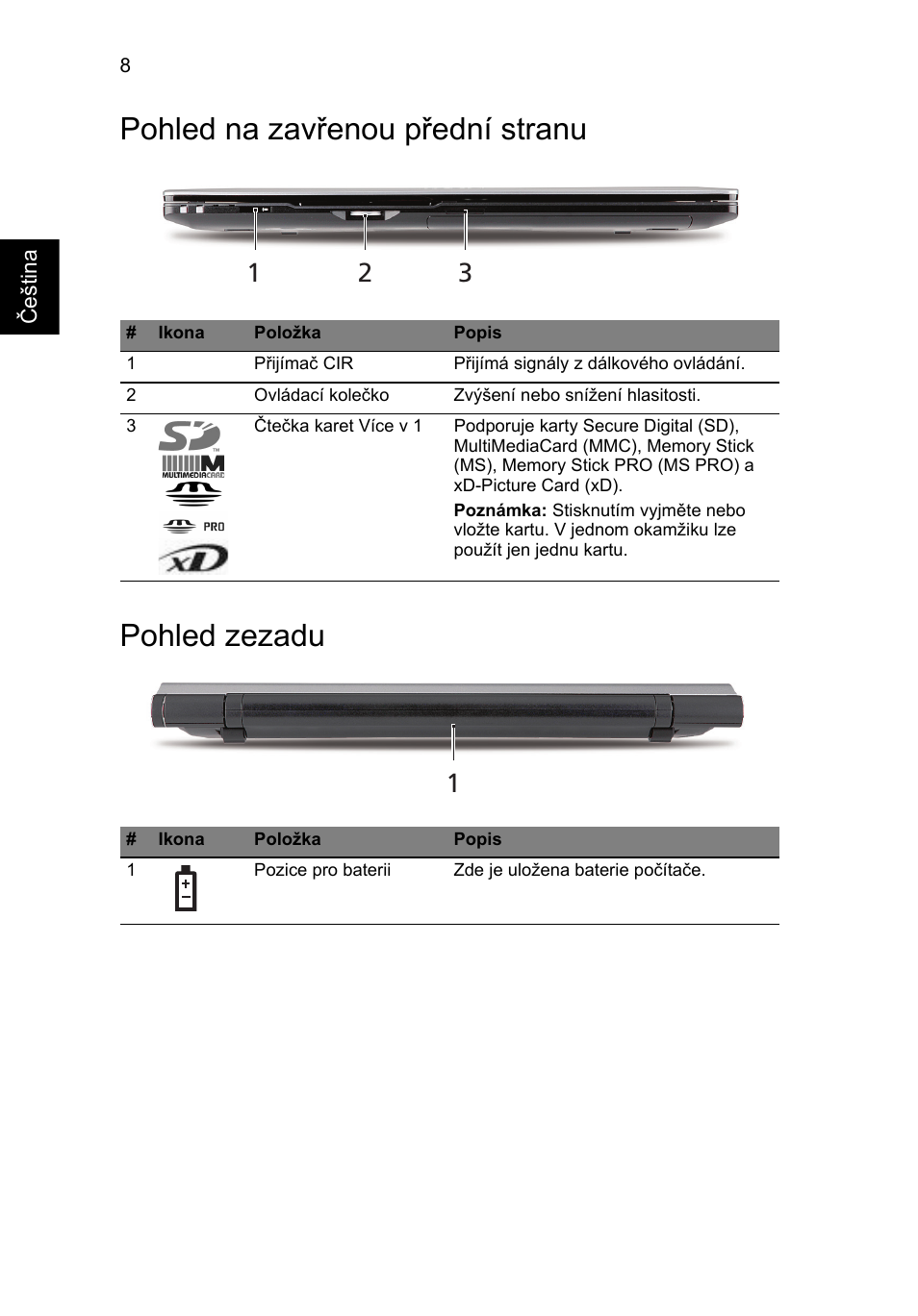 Pohled na zavřenou přední stranu, Pohled zezadu, Pohled na zavřenou přední stranu pohled zezadu | Acer Aspire 5943G User Manual | Page 180 / 364
