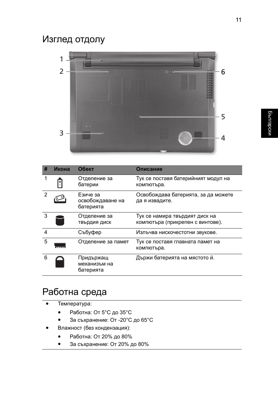 Изглед отдолу, Работна среда, Изглед отдолу работна среда | Acer Aspire 5943G User Manual | Page 243 / 364