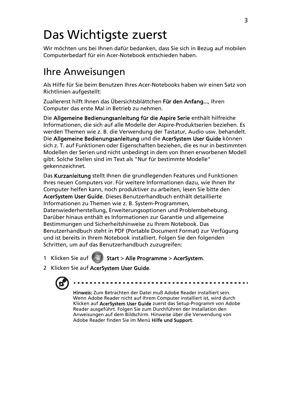 Das wichtigste zuerst, Ihre anweisungen | Acer Aspire 5943G User Manual | Page 29 / 364