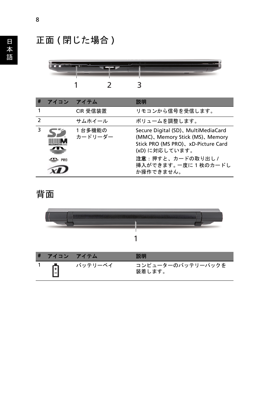 正面 (閉じた場合), 正面 ( 閉じた場合 ) 背面 | Acer Aspire 5943G User Manual | Page 308 / 364