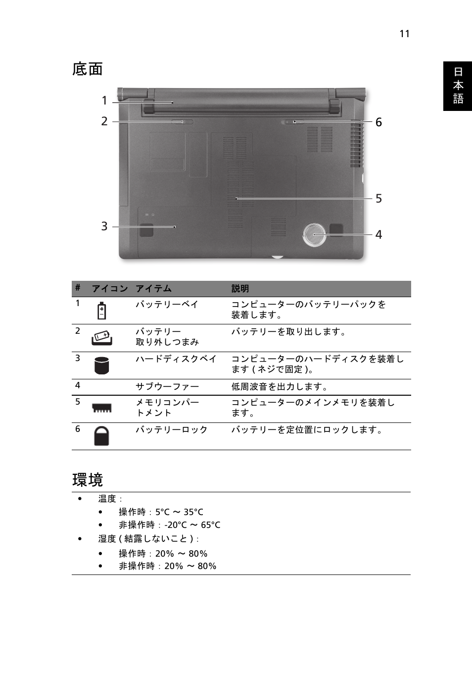 底面 環境 | Acer Aspire 5943G User Manual | Page 311 / 364