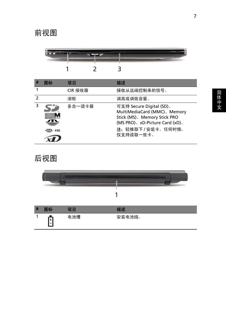 前视图 后视图 | Acer Aspire 5943G User Manual | Page 339 / 364