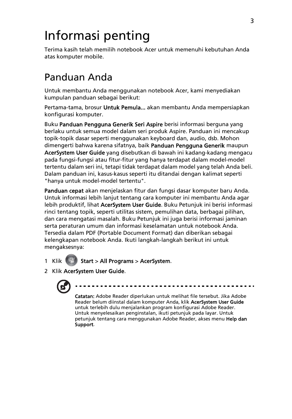 Informasi penting, Panduan anda | Acer Aspire 5943G User Manual | Page 345 / 364