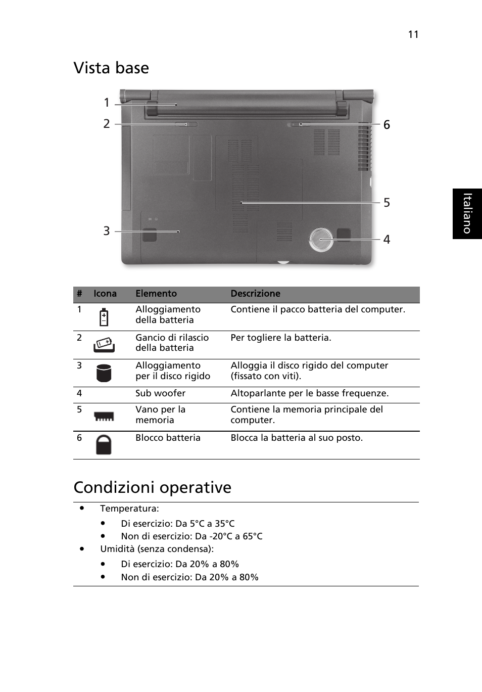 Vista base, Condizioni operative, Vista base condizioni operative | Acer Aspire 5943G User Manual | Page 49 / 364