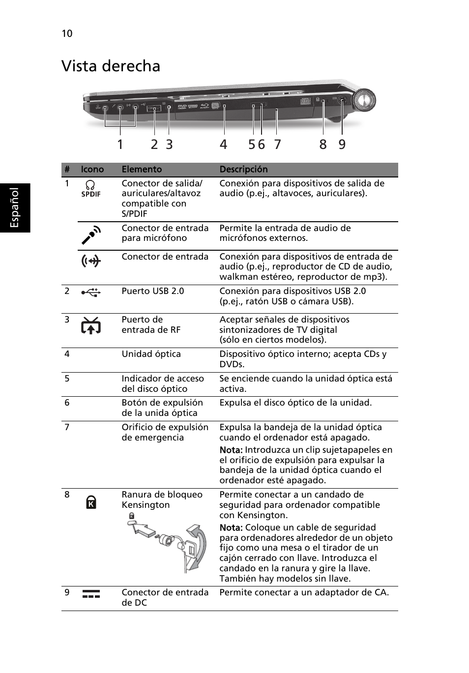 Vista derecha | Acer Aspire 5943G User Manual | Page 60 / 364