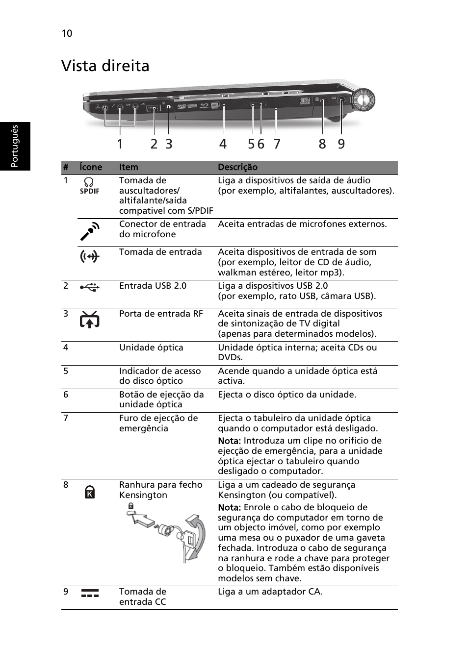 Vista direita | Acer Aspire 5943G User Manual | Page 74 / 364