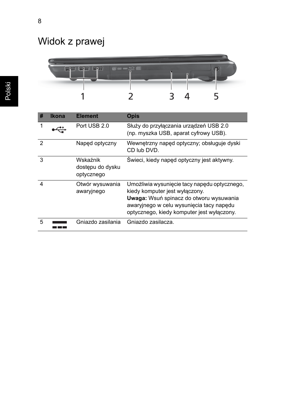 Widok z prawej | Acer Aspire 4745Z User Manual | Page 144 / 332
