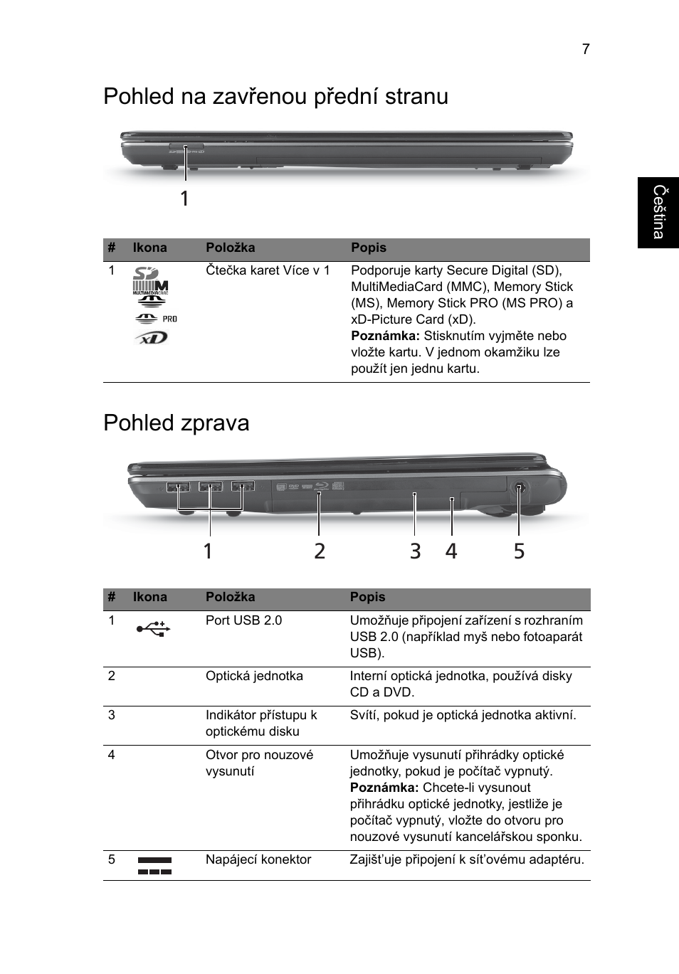 Pohled na zavřenou přední stranu, Pohled zprava, Pohled na zavřenou přední stranu pohled zprava | Acer Aspire 4745Z User Manual | Page 165 / 332