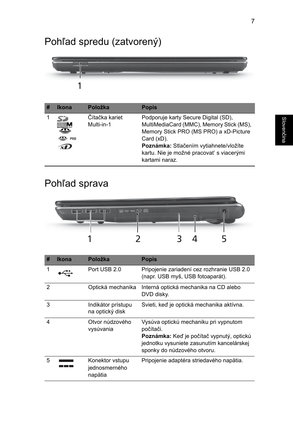 Pohľad spredu (zatvorený), Pohľad sprava, Pohľad spredu (zatvorený) pohľad sprava | Acer Aspire 4745Z User Manual | Page 175 / 332