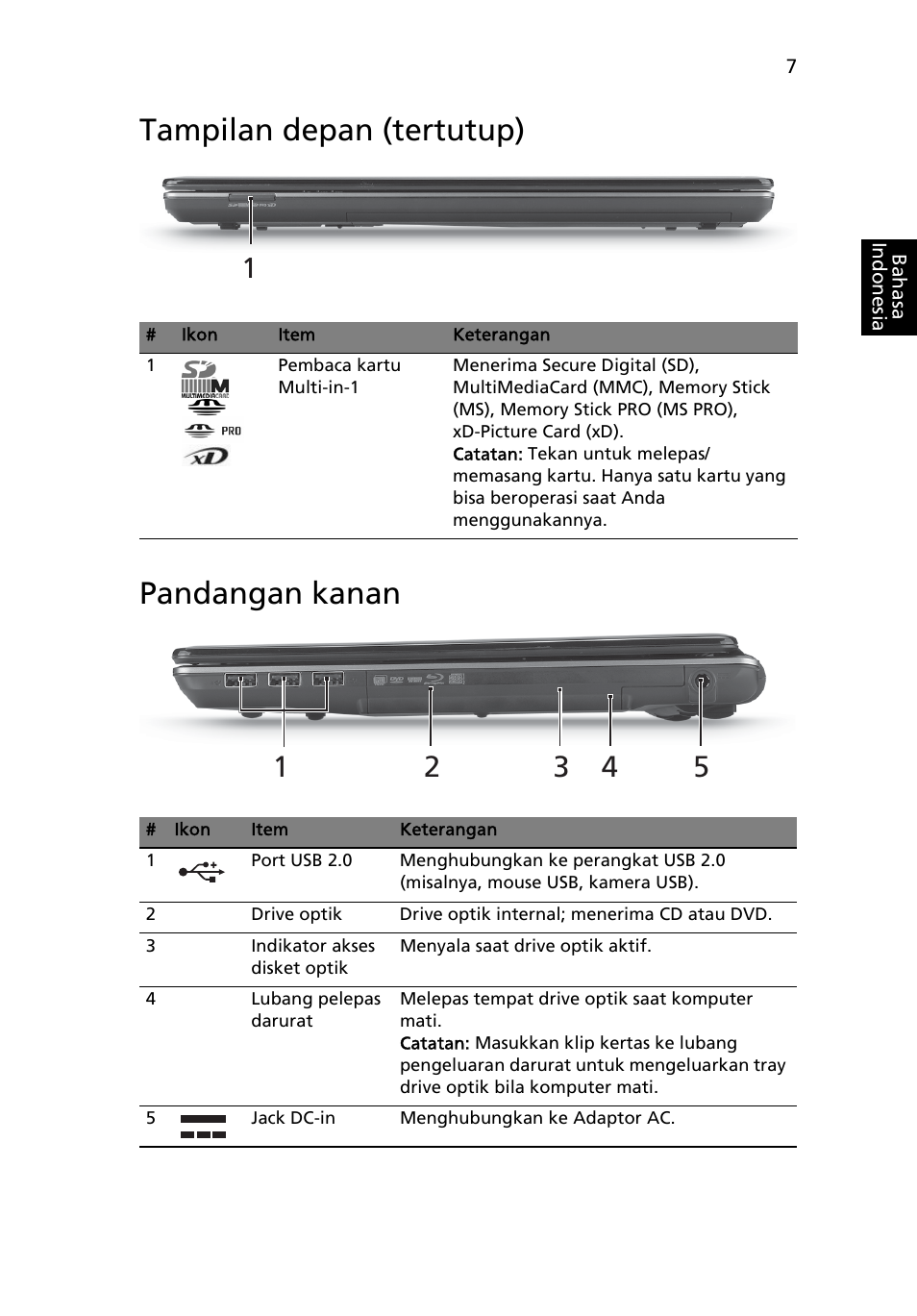 Tampilan depan (tertutup), Pandangan kanan, Tampilan depan (tertutup) pandangan kanan | Acer Aspire 4745Z User Manual | Page 319 / 332