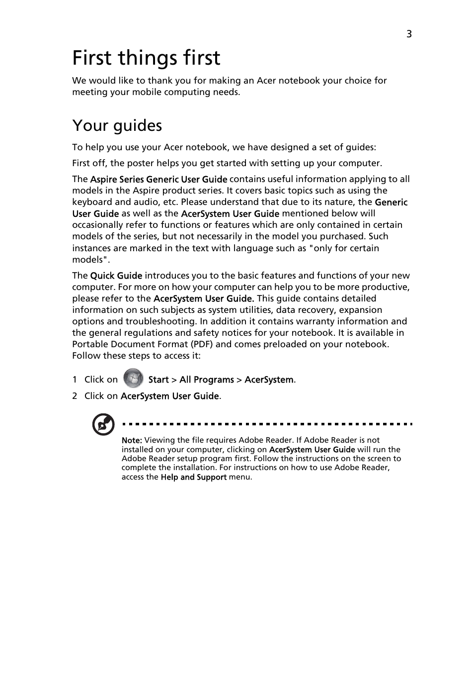 First things first, Your guides | Acer Aspire 4745Z User Manual | Page 5 / 332