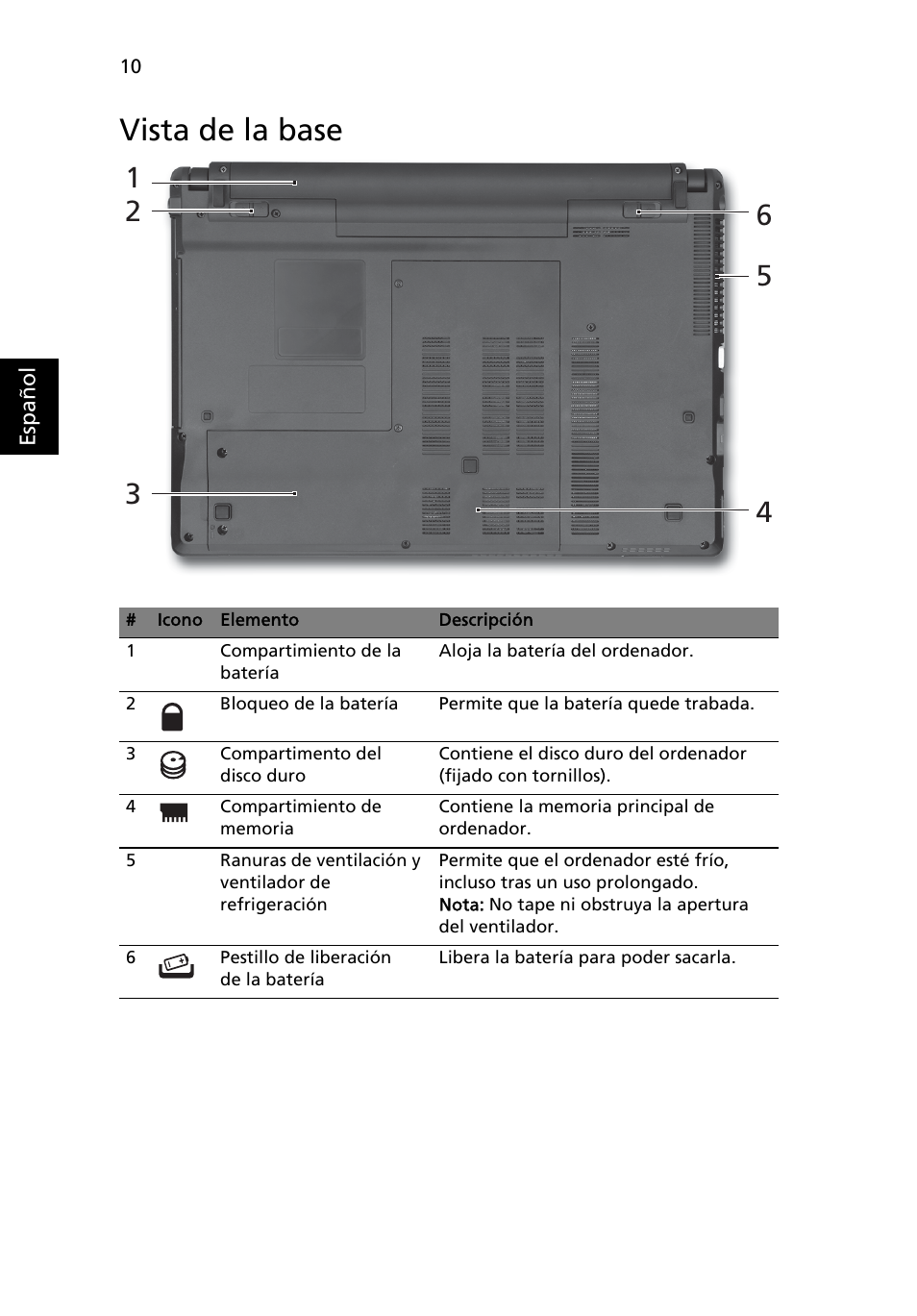 Vista de la base | Acer Aspire 4745Z User Manual | Page 56 / 332