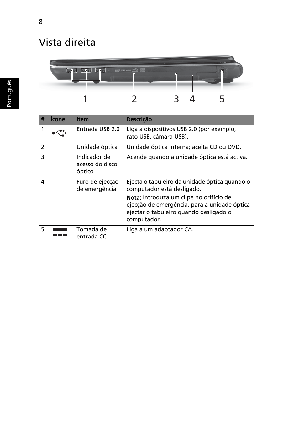 Vista direita | Acer Aspire 4745Z User Manual | Page 68 / 332