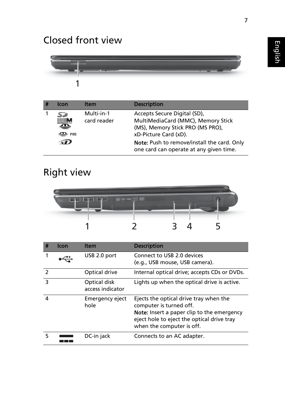 Closed front view, Right view, Closed front view right view | Acer Aspire 4745Z User Manual | Page 9 / 332