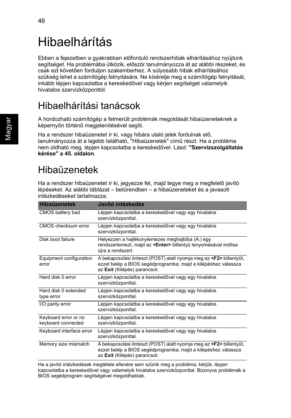 Hibaelhárítás, Hibaelhárítási tanácsok, Hibaüzenetek | Acer Aspire 4552G User Manual | Page 1000 / 2206