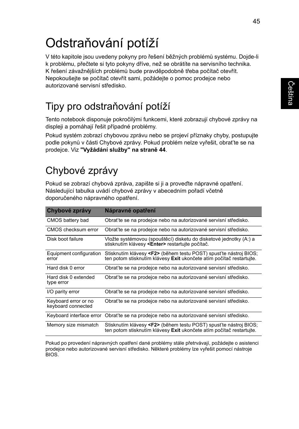 Odstraňování potíží, Tipy pro odstraňování potíží, Chybové zprávy | Eng lish č ešt ina | Acer Aspire 4552G User Manual | Page 1071 / 2206