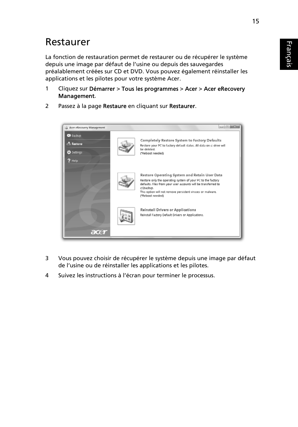 Restaurer, Français | Acer Aspire 4552G User Manual | Page 109 / 2206