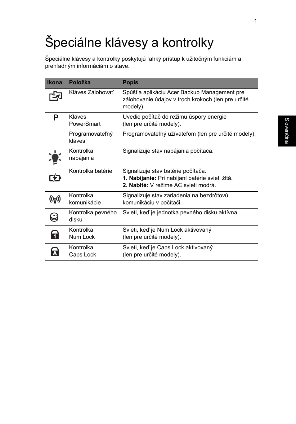 Špeciálne klávesy a kontrolky | Acer Aspire 4552G User Manual | Page 1097 / 2206