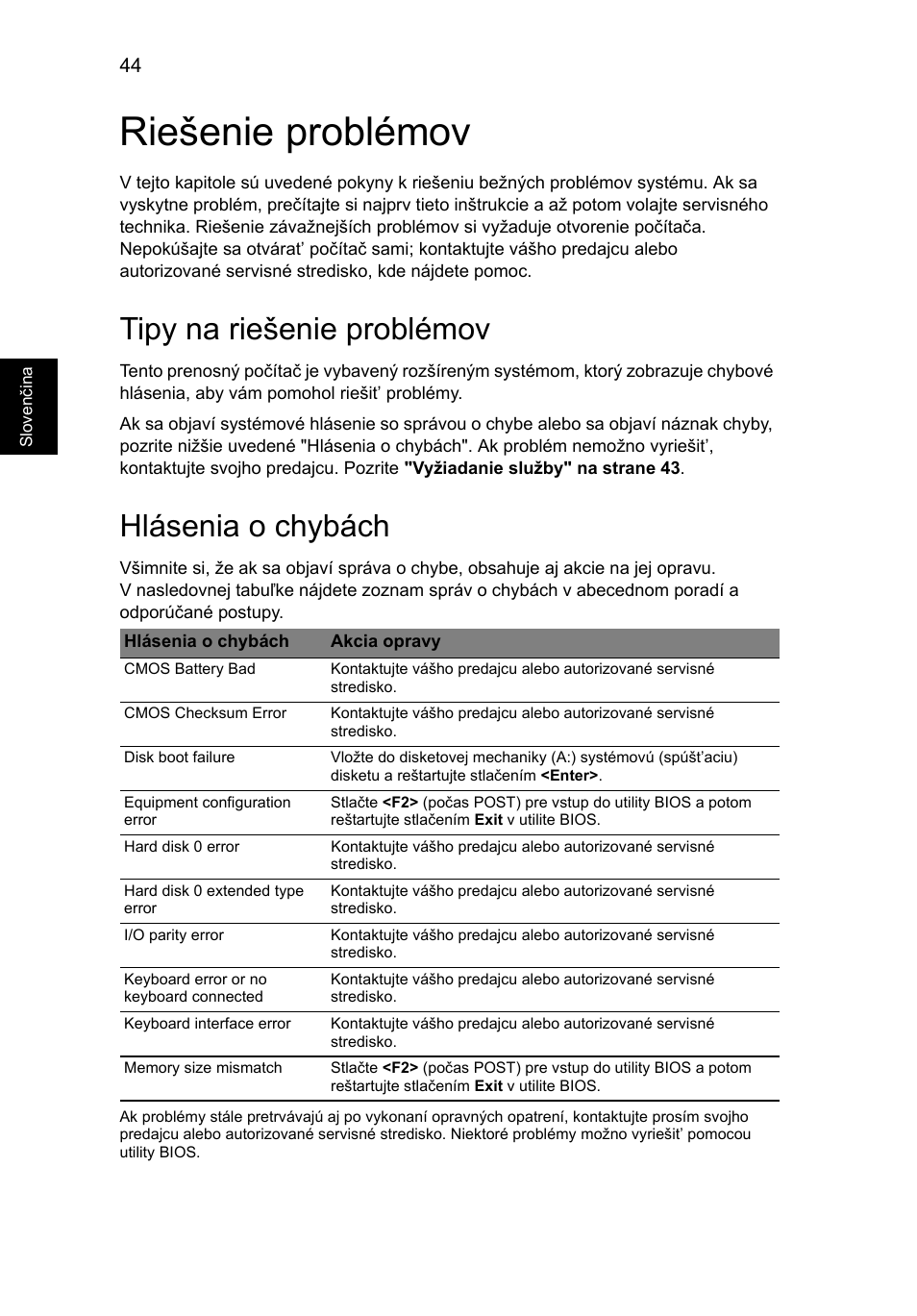 Riešenie problémov, Tipy na riešenie problémov, Hlásenia o chybách | Acer Aspire 4552G User Manual | Page 1140 / 2206