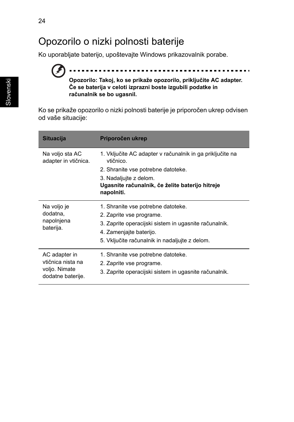 Opozorilo o nizki polnosti baterije | Acer Aspire 4552G User Manual | Page 1190 / 2206