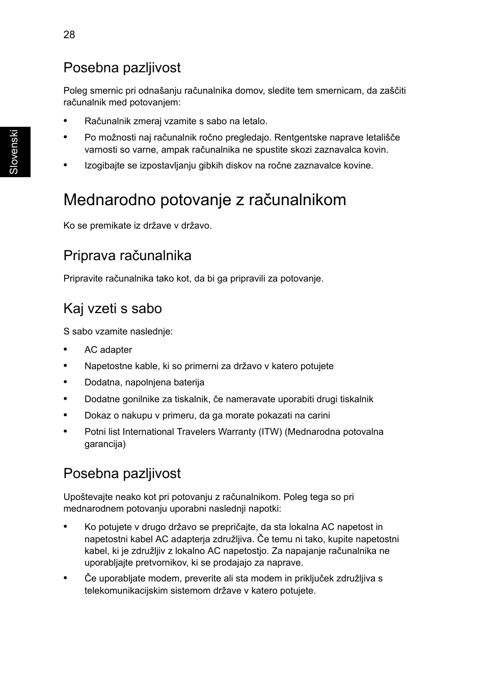 Mednarodno potovanje z računalnikom, Posebna pazljivost, Priprava računalnika | Kaj vzeti s sabo | Acer Aspire 4552G User Manual | Page 1194 / 2206