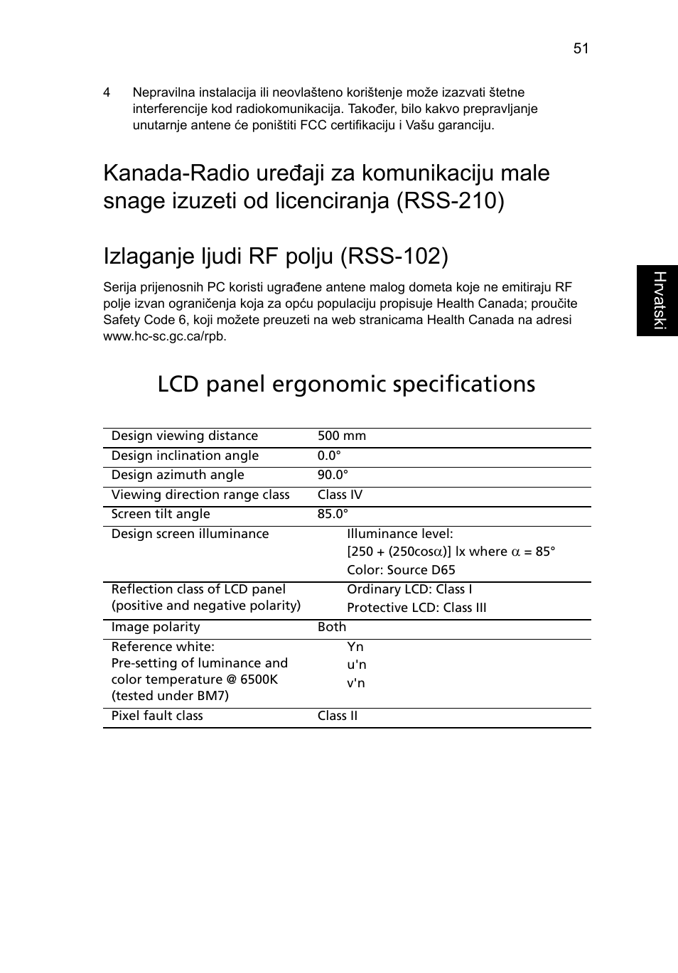 Izlaganje ljudi rf polju (rss-102), Lcd panel ergonomic specifications | Acer Aspire 4552G User Manual | Page 1287 / 2206