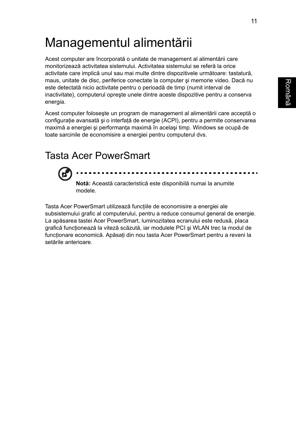 Managementul alimentării, Tasta acer powersmart | Acer Aspire 4552G User Manual | Page 1319 / 2206