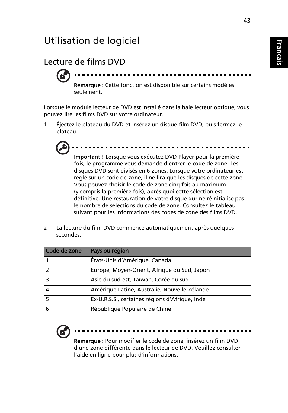 Utilisation de logiciel, Lecture de films dvd, Français | Acer Aspire 4552G User Manual | Page 137 / 2206