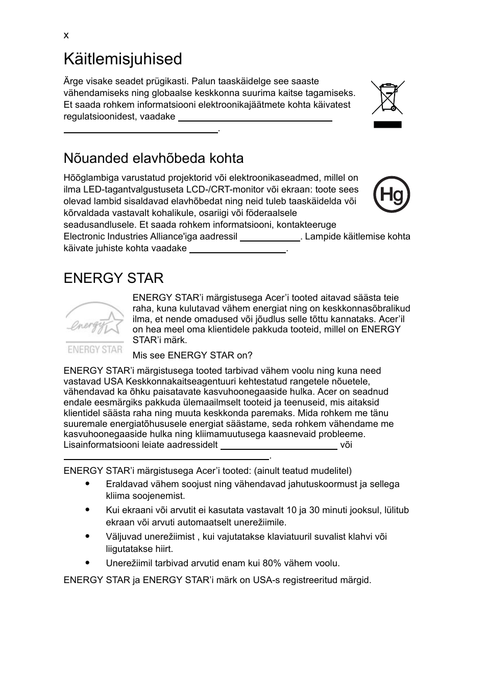 Käitlemisjuhised, Nõuanded elavhõbeda kohta, Energy star | Acer Aspire 4552G User Manual | Page 1442 / 2206