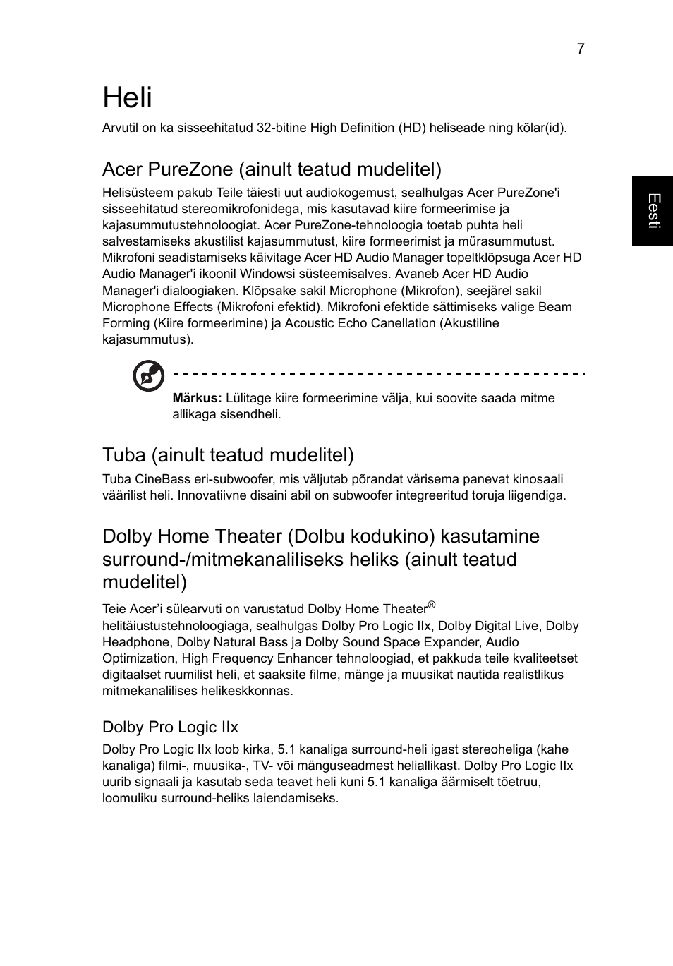 Heli, Acer purezone (ainult teatud mudelitel), Tuba (ainult teatud mudelitel) | Dolby home theater (dolbu kodukino) kasutamine | Acer Aspire 4552G User Manual | Page 1459 / 2206