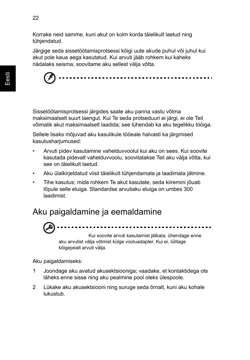 Aku paigaldamine ja eemaldamine | Acer Aspire 4552G User Manual | Page 1474 / 2206