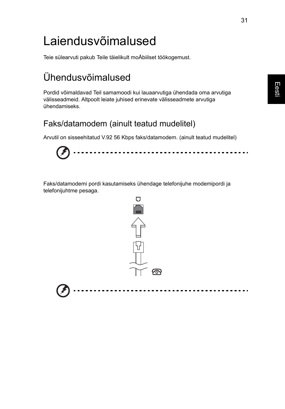 Laiendusvõimalused, Ühendusvõimalused, Faks/datamodem (ainult teatud mudelitel) | Acer Aspire 4552G User Manual | Page 1483 / 2206