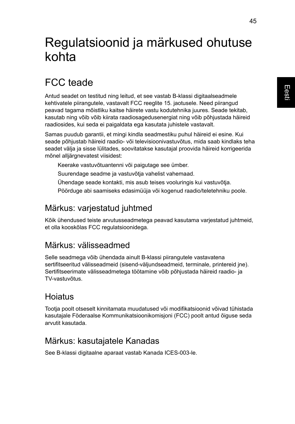 Regulatsioonid ja märkused ohutuse kohta, Fcc teade, Märkus: varjestatud juhtmed | Märkus: välisseadmed, Hoiatus, Märkus: kasutajatele kanadas | Acer Aspire 4552G User Manual | Page 1497 / 2206