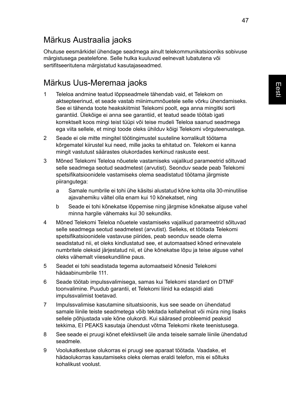 Märkus austraalia jaoks, Märkus uus-meremaa jaoks, Eesti | Acer Aspire 4552G User Manual | Page 1499 / 2206