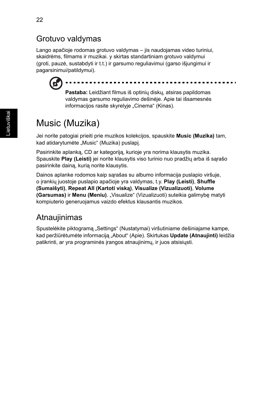 Music (muzika), Grotuvo valdymas, Atnaujinimas | Acer Aspire 4552G User Manual | Page 1614 / 2206