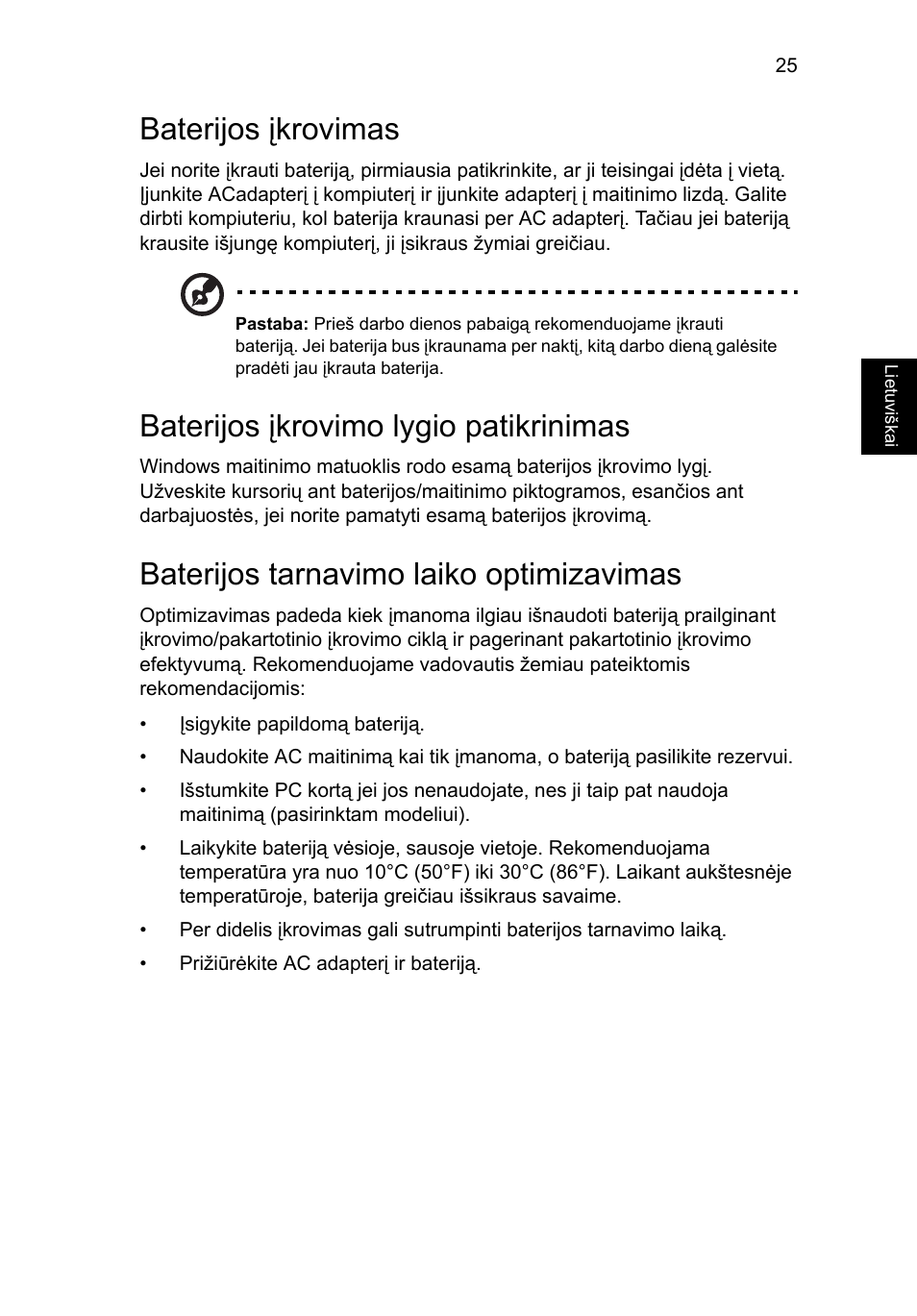 Baterijos įkrovimas, Baterijos įkrovimo lygio patikrinimas, Baterijos tarnavimo laiko optimizavimas | Acer Aspire 4552G User Manual | Page 1617 / 2206