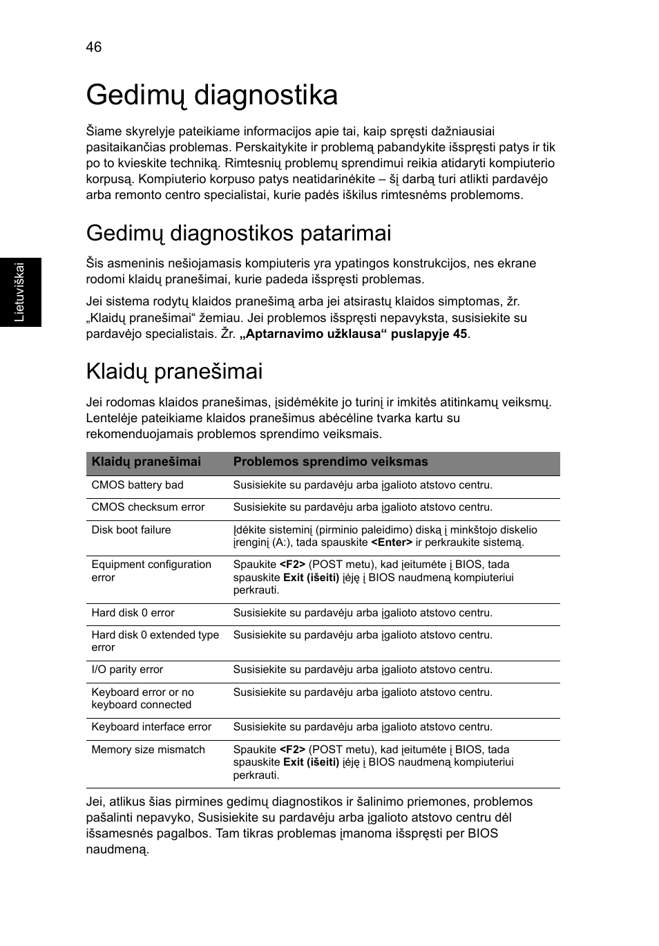 Gedimų diagnostika, Gedimų diagnostikos patarimai, Klaidų pranešimai | Acer Aspire 4552G User Manual | Page 1638 / 2206