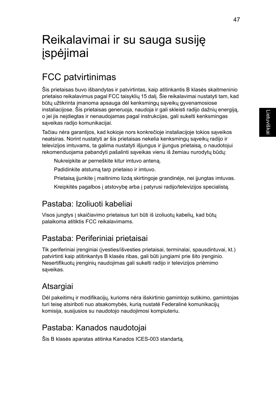 Reikalavimai ir su sauga susiję įspėjimai, Fcc patvirtinimas, Pastaba: izoliuoti kabeliai | Pastaba: periferiniai prietaisai, Atsargiai, Pastaba: kanados naudotojai | Acer Aspire 4552G User Manual | Page 1639 / 2206