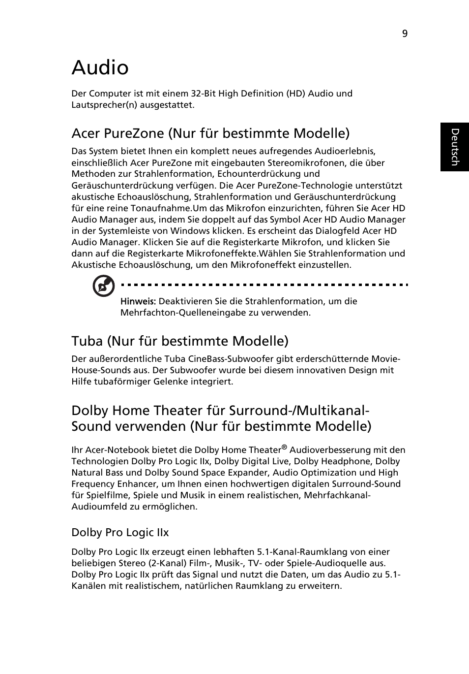 Audio, Acer purezone (nur für bestimmte modelle), Tuba (nur für bestimmte modelle) | Acer Aspire 4552G User Manual | Page 177 / 2206