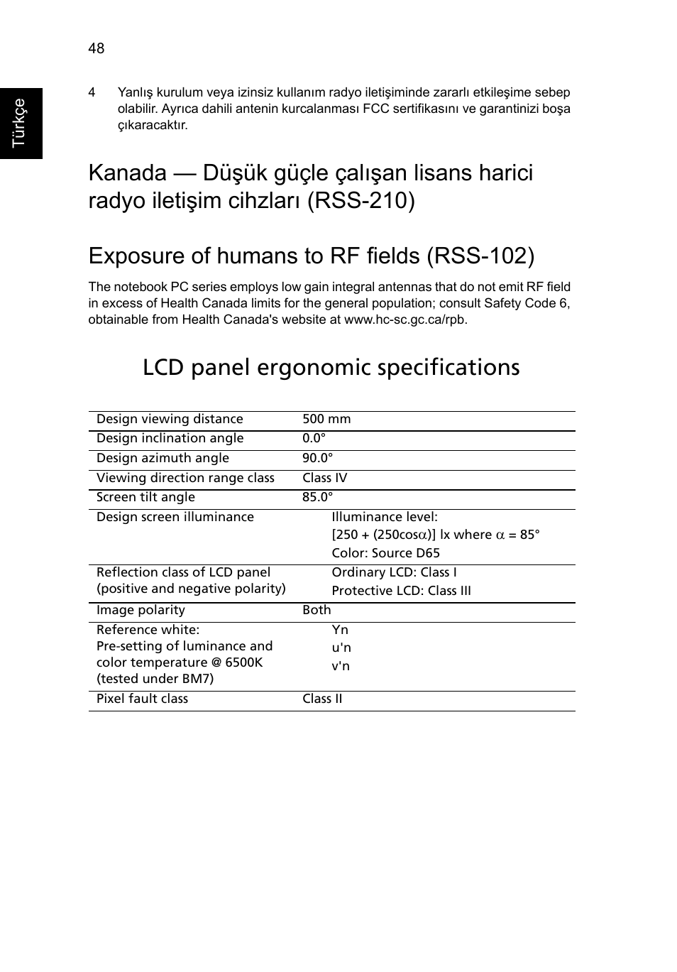 Exposure of humans to rf fields (rss-102), Lcd panel ergonomic specifications | Acer Aspire 4552G User Manual | Page 1792 / 2206