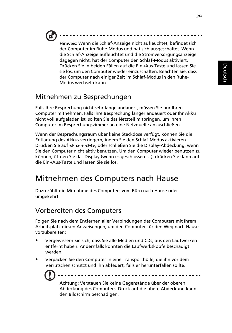 Mitnehmen des computers nach hause, Mitnehmen zu besprechungen, Vorbereiten des computers | Acer Aspire 4552G User Manual | Page 197 / 2206