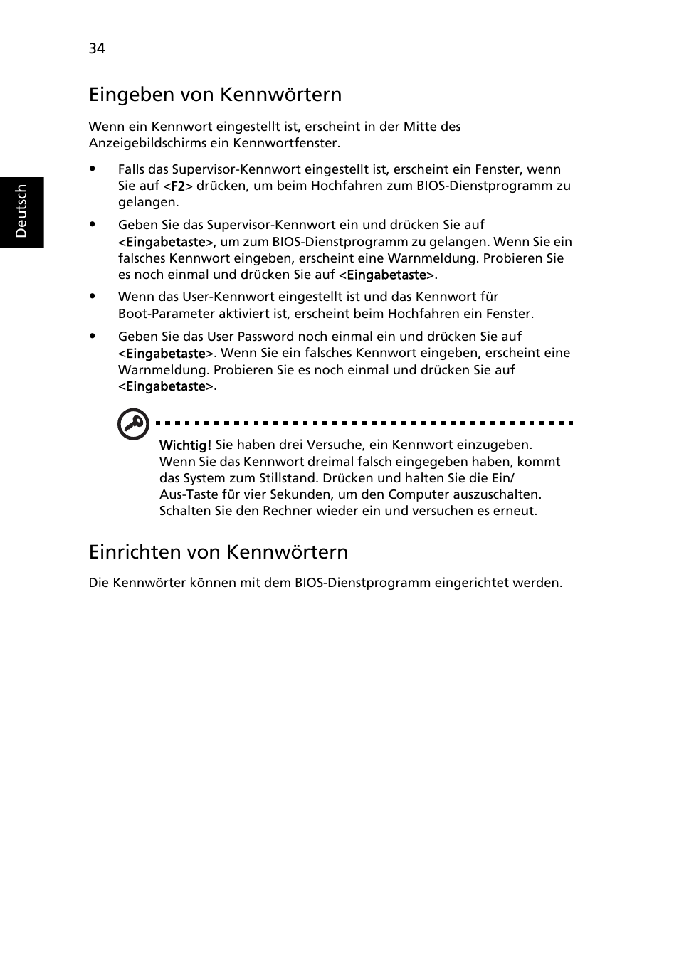 Eingeben von kennwörtern, Einrichten von kennwörtern | Acer Aspire 4552G User Manual | Page 202 / 2206