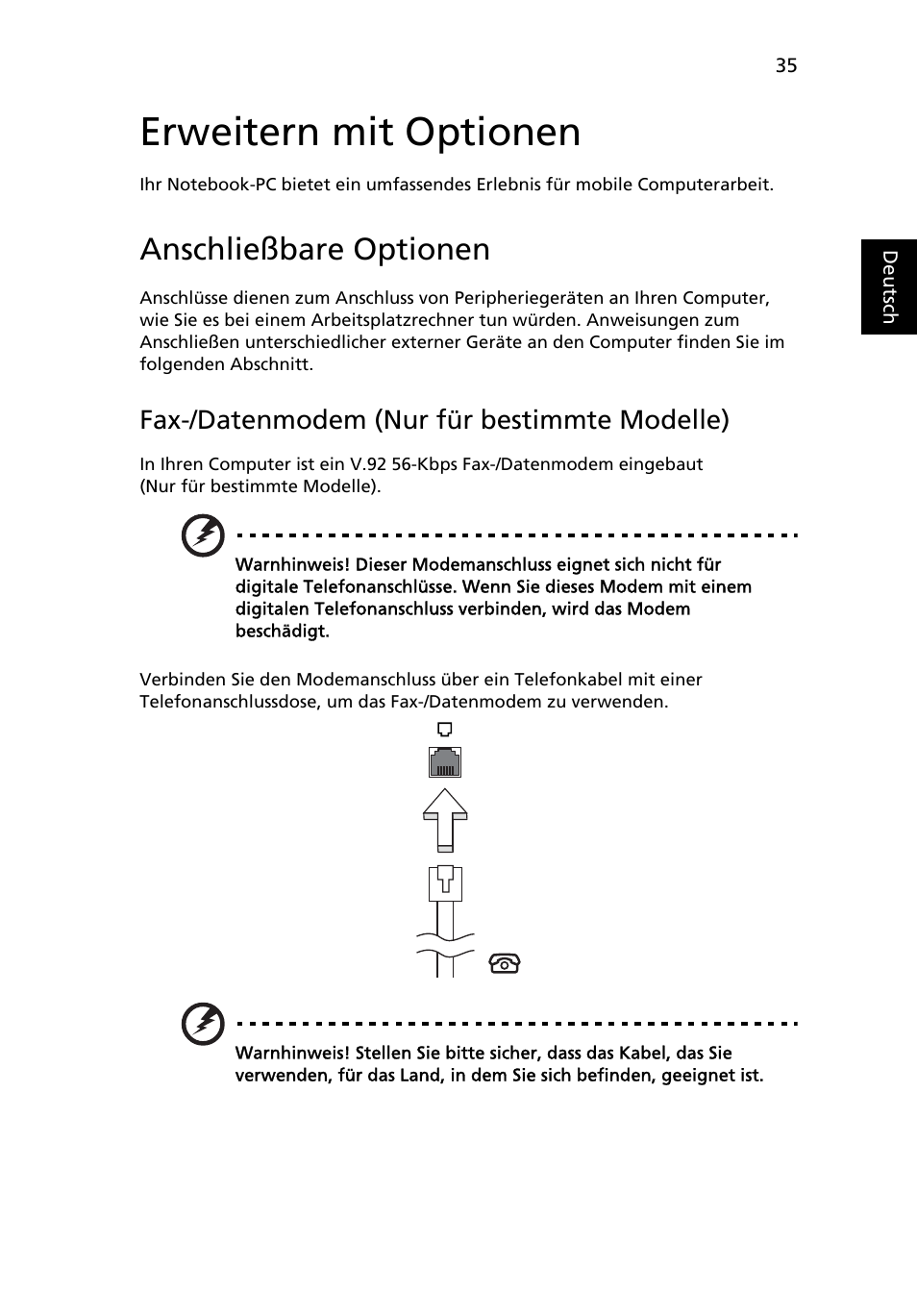 Erweitern mit optionen, Anschließbare optionen, Fax-/datenmodem (nur für bestimmte modelle) | Acer Aspire 4552G User Manual | Page 203 / 2206
